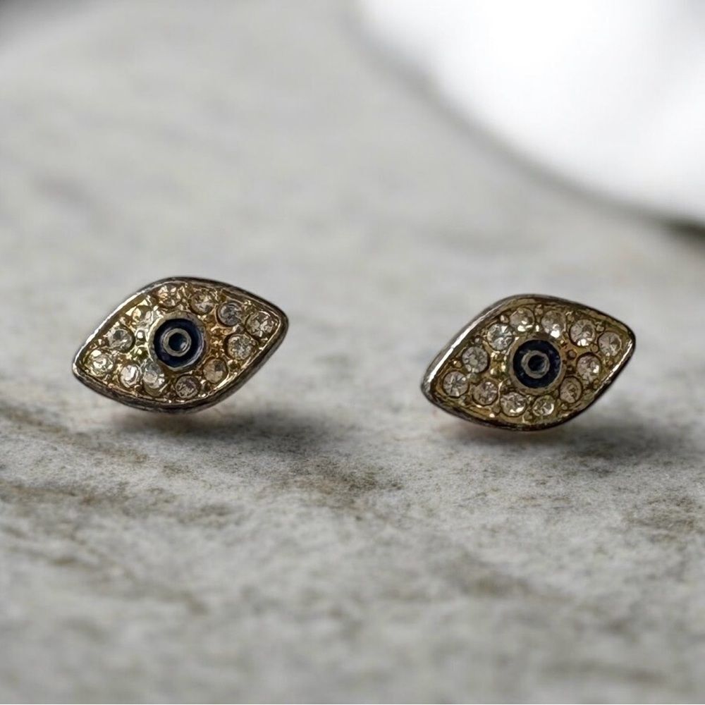 Crystal Evil Eye Stud Earrings Gold Tone Good Luck Protection Lightweight - Picture 2 of 3